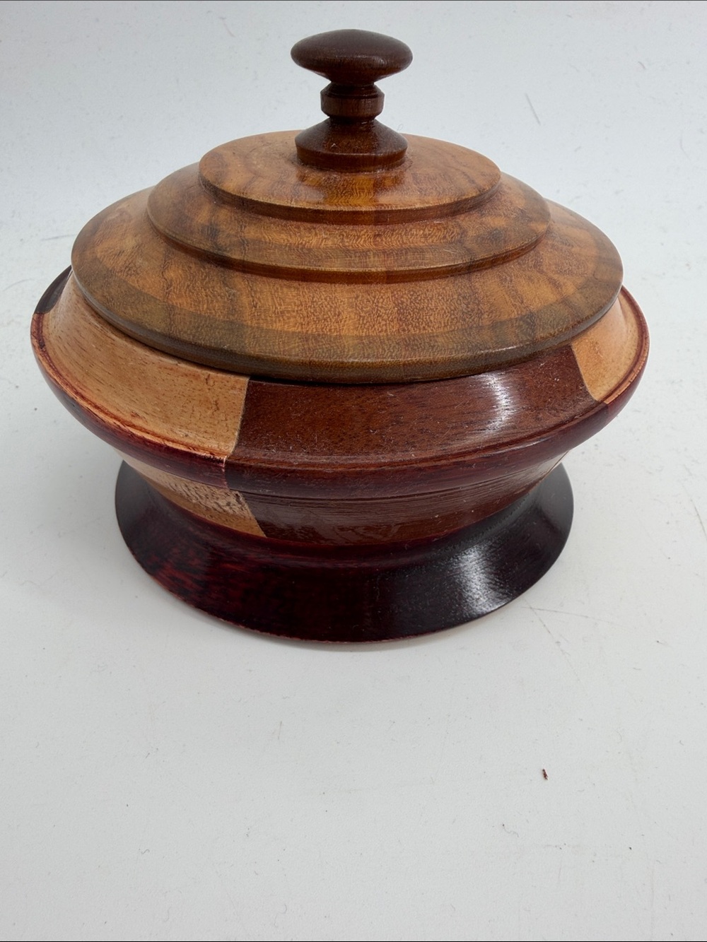 Vintage Hand Turned Wood Round Lidded Trinket Bowl